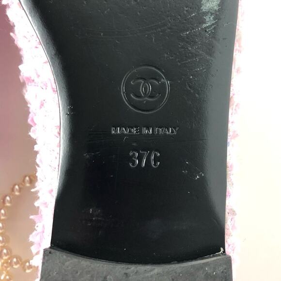 Chanel CC Logo Camellia Charm Pearl Chain Pink Tweed Cap Toe Ballerina Flats 37 - Picture 13 of 13